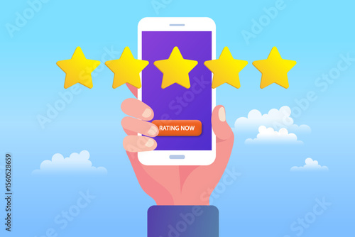 hand holding mobile phone with social network icon, feedback rating five stars. recommend service online. modern vector , illustration and flat design.
