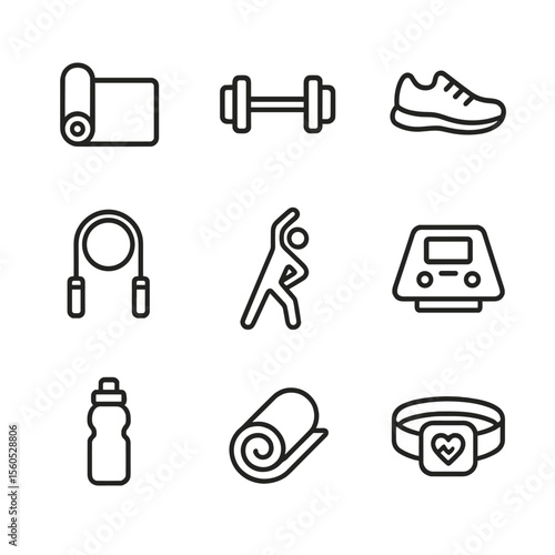 Exercise Icons Set. Outline icon set of physical exercise for stress relief: yoga mat, dumbbell weight, running shoe, jump rope,