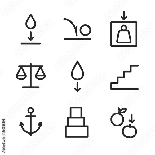Everyday Gravity Icons. Outline icon set of everyday gravity effects: water dripping, ball bounce, elevator weight, scales balance