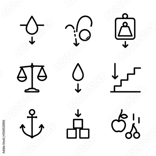 Everyday Gravity Icons. Outline icon set of everyday gravity effects: water dripping, ball bounce, elevator weight, scales balance