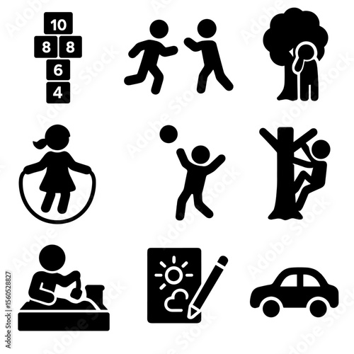 Childhood Play Icons. Solid, filled icon set of childhood play activities: hopscotch, tag game, hide and seek, jump rope, ball