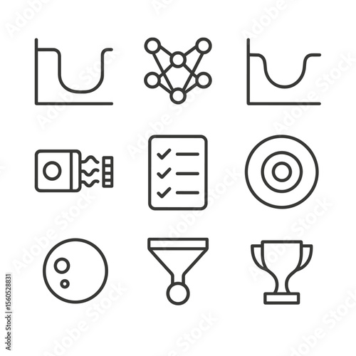 Exoplanet Detection Icons. Outline icon set of machine learning for exoplanet detection: transit photometry chart, AI model