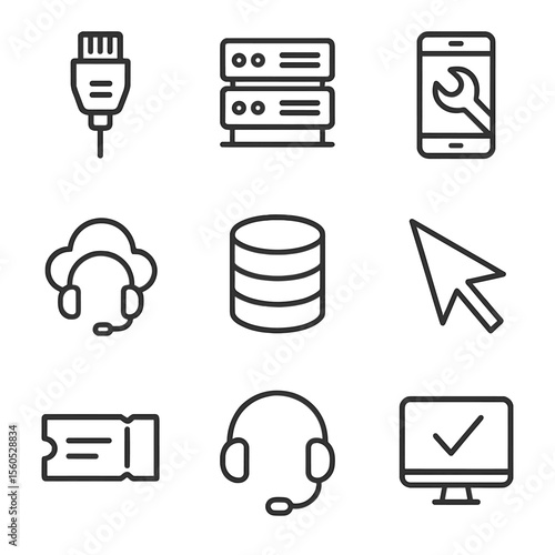 IT Helpdesk Icons. Outline icon set of IT helpdesk hotline: network cable, server rack, smartphone with wrench, cloud support icon