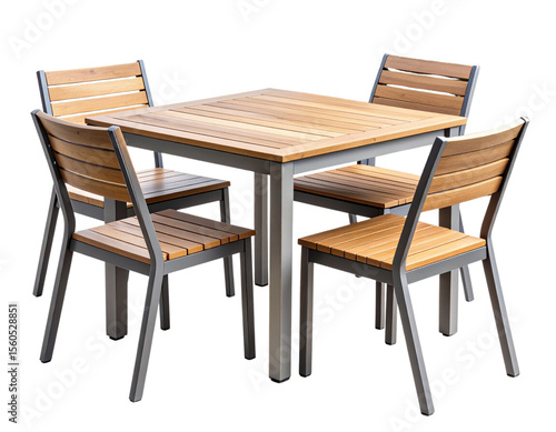 Angled view of compact aluminum and wood patio table with two chairs, isolated on transparent background