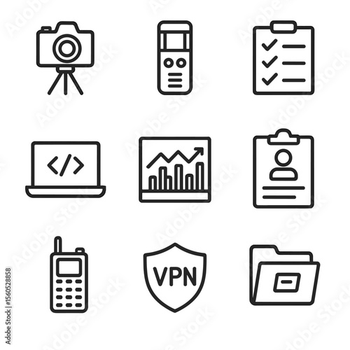 Investigative Journalism Icons. Outline icon set of investigative journalism tools and techniques: camera tripod, audio recorder,