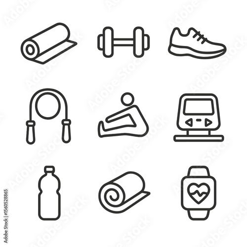 Exercise Icons Set. Outline icon set of physical exercise for stress relief: yoga mat, dumbbell weight, running shoe, jump rope,