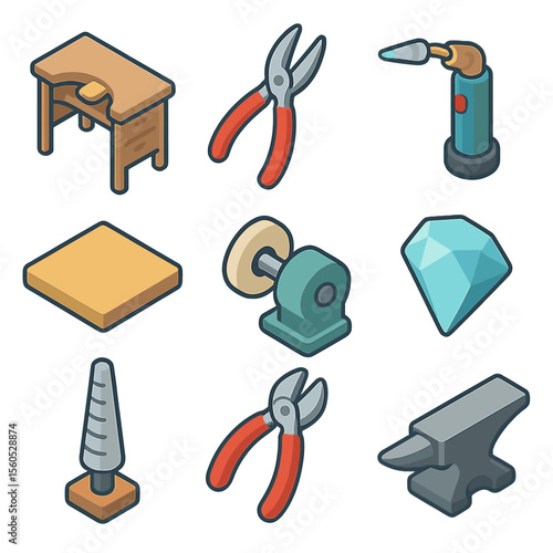 Jewelry Making Icon Set. Isometric Flat icon set of jewelry making and metalwork: jeweler’s bench, pliers, soldering torch, metal