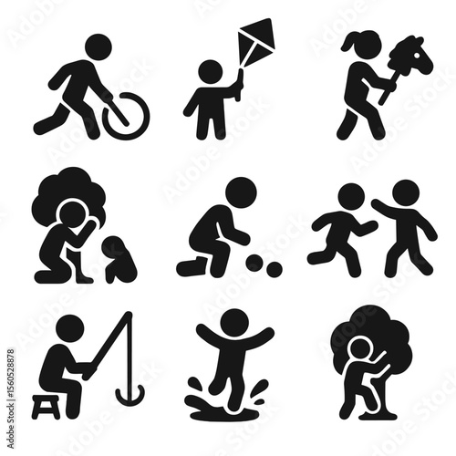 Childhood Village Games. Solid, Filled icon set of childhood village games: hoop rolling, kite flying, stick horse, hide and seek,