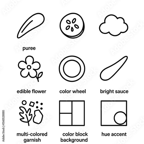 Colorful Plating Icons. Outline icon set of Color Contrast Plating: vibrant puree smear, contrasting vegetable slice, colored foam