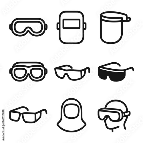 Eye Protection Icons. Outline icon set of eye and face protection: safety goggles, welding helmet, face shield, chemical splash