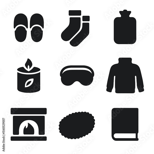Comfort Icons Grid. Solid, filled icon set of comfort and relaxation: slippers, warm socks, hot water bottle, scented candle, eye