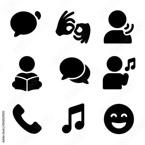 Communication Milestones Icons. Solid, filled icon set of milestones in communication: first words, sign language, storytelling,