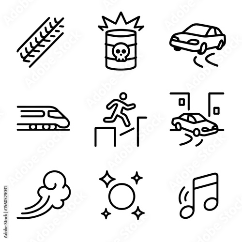 Cinematic Chase Icons. Outline icon set of cinematic chase elements: tire skid mark, exploding barrel, drifting car, speeding