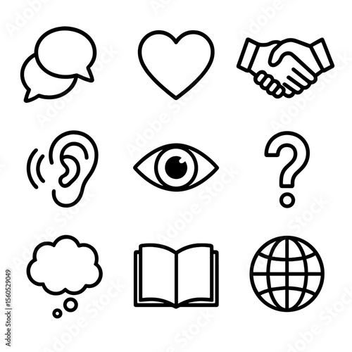 Communication Icons Grid. Solid, filled icon set of communication and understanding: speech bubbles, heart, handshake, ear