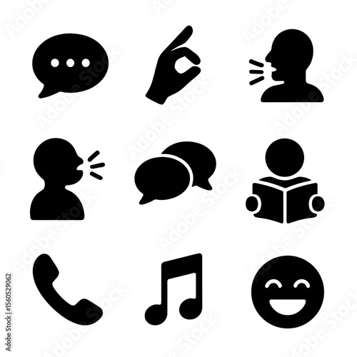 Communication Milestones Icons. Solid, filled icon set of milestones in communication: first words, sign language, storytelling,