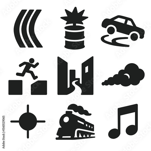 Cinematic Chase Icons. Solid, Filled icon set of cinematic chase elements: tire skid mark, exploding barrel, drifting car,