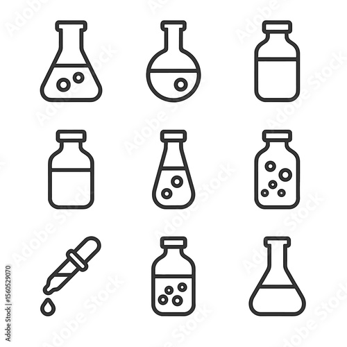 Laboratory Liquids Icons. Outline icon set of laboratory liquids: hydrochloric acid, sodium hydroxide solution, ethanol, distilled