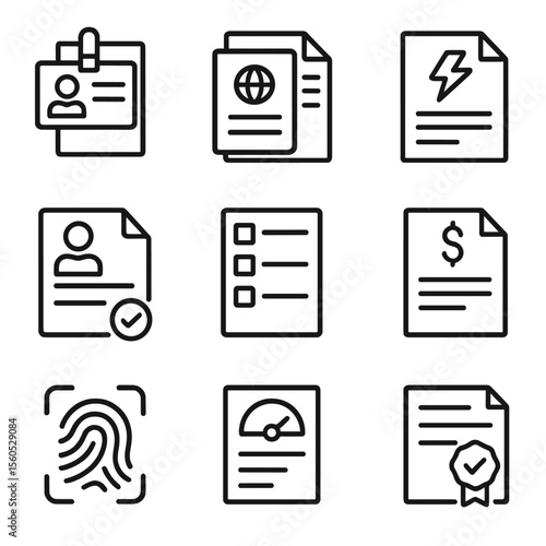 KYC Compliance Icons. Outline icon set of KYC and AML compliance paperwork: ID proof photocopy, passport scan, proof of address