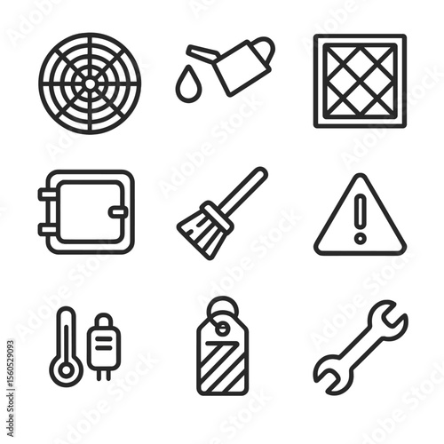 Fan Maintenance Icons. Outline icon set of fan safety and maintenance: safety grille, lubrication point, filter element,