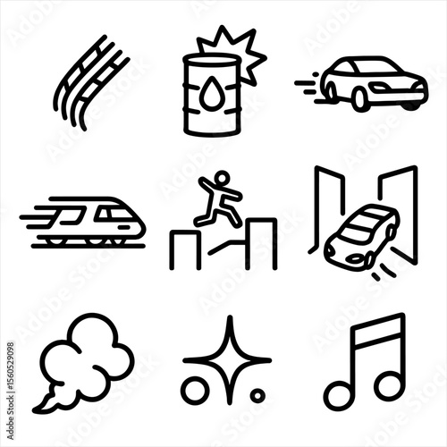 Cinematic Chase Icons. Outline icon set of cinematic chase elements: tire skid mark, exploding barrel, drifting car, speeding