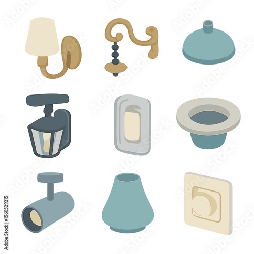 Lighting Fixture Icons. Isometric Flat icon set of lighting fixture details: wall sconce, chandelier arm, pendant lamp canopy,