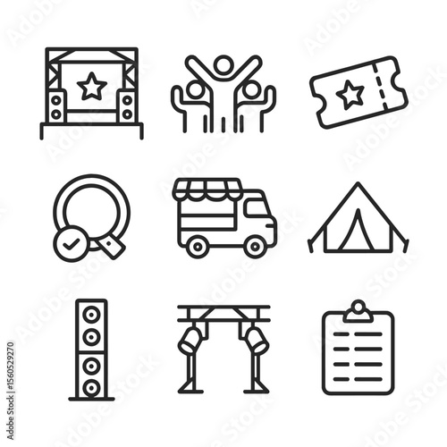 Festival Essentials Icons. Outline icon set of general music festival essentials: main stage, cheering crowd, admission ticket,