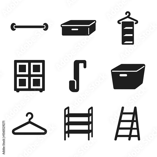Compact Closet Icons. Solid, filled icon set of compact closet solutions: wall-mounted rod, under-bed box, hanging organizer, cube