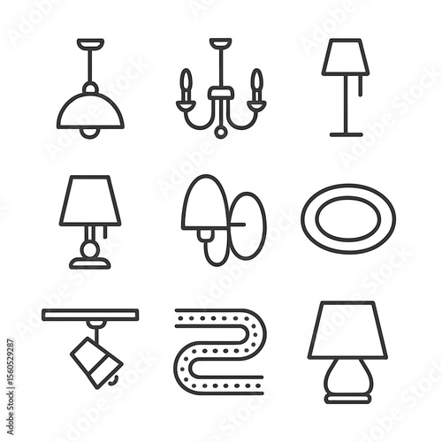 Lighting Fixtures Icons. Outline icon set of lighting fixtures and lamps: pendant light, chandelier, floor lamp, table lamp, wall