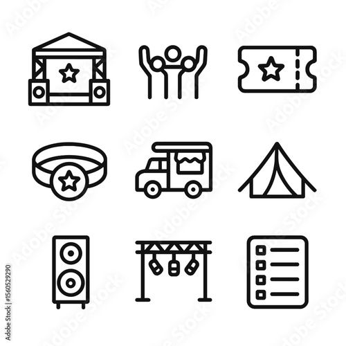 Festival Essentials Icons. Outline icon set of general music festival essentials: main stage, cheering crowd, admission ticket,