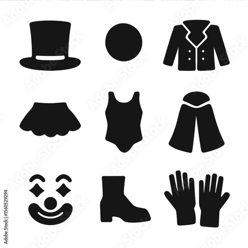 Circus Performer Icons. Solid, filled icon set of big top performers’ costumes: top hat, clown nose, sequined jacket, tutu,