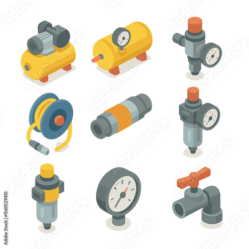 Compressed Air Utility Icons. Isometric Flat icon set of basement compressed air and utility piping: air compressor unit, air tank