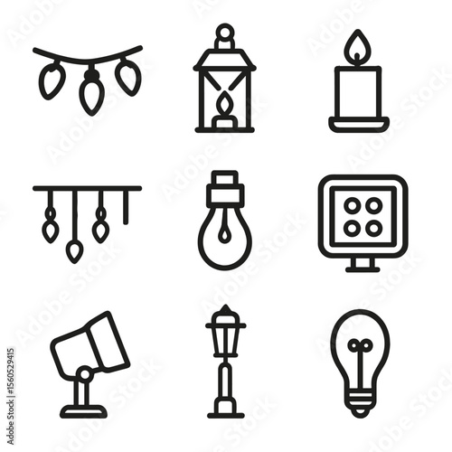 Festive Lighting Icons. Outline icon set of festive lighting elements: string lights, lantern, candle, icicle light, bulb socket,