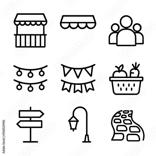 Local Street Market Icons. Outline icon set of local street markets: market stall, awning, crowd silhouette, string lights, banner