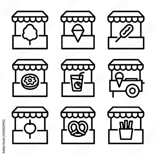 Festive Icon Set. Outline icon set of festive food stalls: cotton candy, snow cone, corn dog, funnel cake, lemonade stand, ice