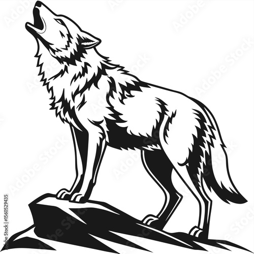 Illustration of a howling wolf standing on a rocky outcrop in black and white vector format