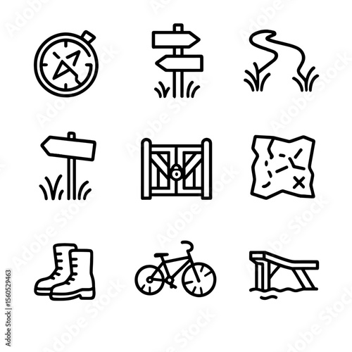 Lost Paths Icons Set. Outline icon set of Lost Paths: broken compass, forked road sign, overgrown trail, abandoned signpost,