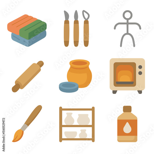 Clay Sculpting Icons. Flat icon set of clay solar system sculptures: modeling clay, sculpting tools, wire armature, rolling pin,