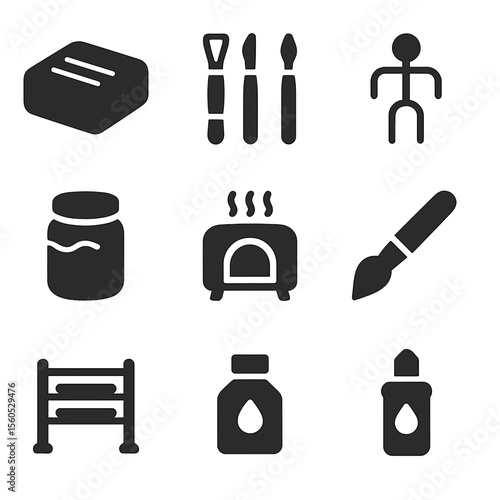 Clay Solar System Icons. Solid, Filled icon set of clay solar system sculptures: modeling clay, sculpting tools, wire armature,