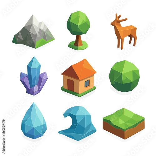 Low-Poly Icon Set. Isometric Flat icon set of low-poly background objects: low-poly mountain, low-poly tree, low-poly animal