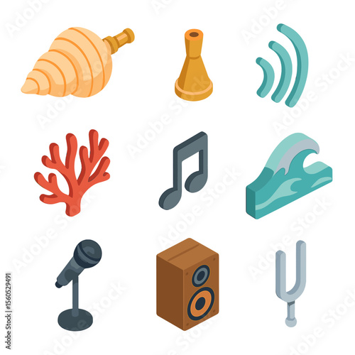 Conch Instrument Icon Set. Isometric Flat icon set of conch shell instruments: conch trumpet, shell mouthpiece, sound wave icon,