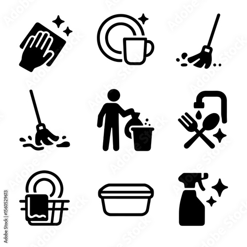 Cleaning Process Icons. Solid, filled icon set of cleaning process steps: wiping table, washing dishes, sweeping floor, mopping