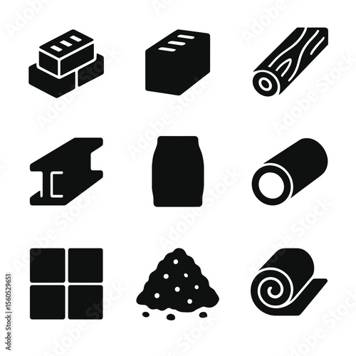 Construction Material Icons. Solid, filled icon set of construction materials: bricks, concrete block, wood plank, steel beam,
