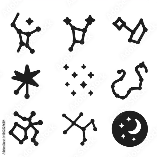 Constellation Icon Set. Solid, filled icon set of constellations and star patterns: Orion, Ursa Major, Cassiopeia, Cygnus,