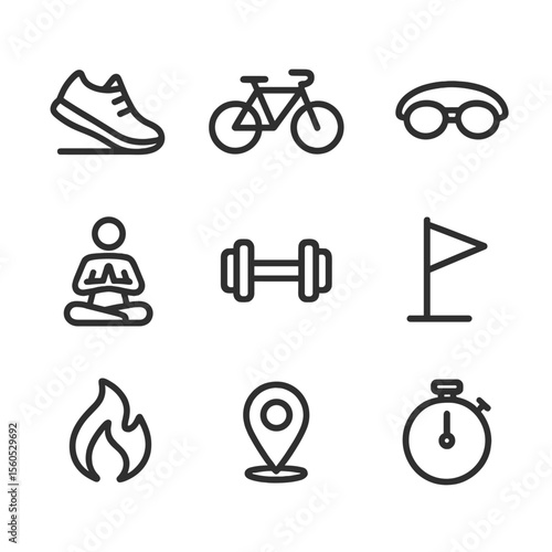 Fitness Tracker Icons. Outline icon set of fitness tracking on smartwatch: running shoe, cycling bike, swimming goggles, yoga pose
