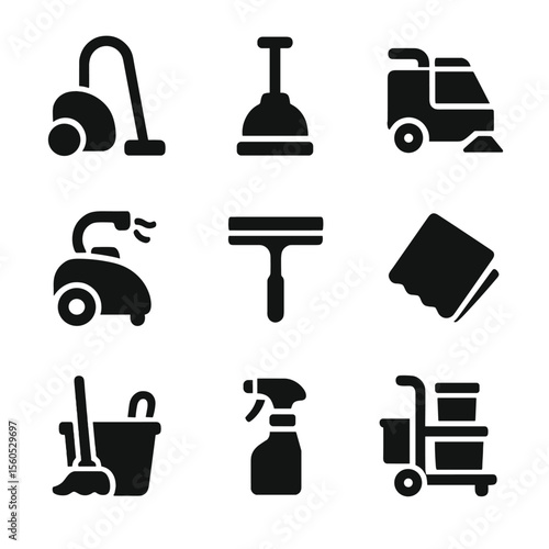 Cleaning Tools Icons. Solid, filled icon set of cleaning equipment: vacuum cleaner, floor scrubber, carpet cleaner, steam cleaner,