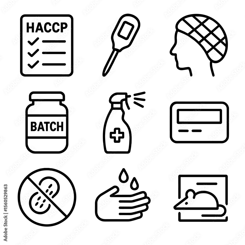 Food Safety Icons. Outline icon set of food safety quality checklist: HACCP chart, thermometer probe, hairnet icon, batch sample