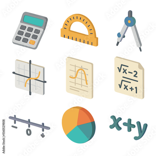 Math Test Prep Icons. Isometric Flat icon set of math test prep: calculator, protractor, compasses, graph, formula sheet, number