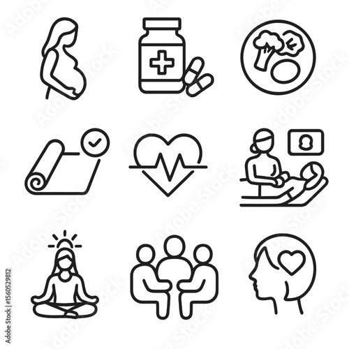 Maternal Health Icons. Outline icon set of maternal health: pregnant woman silhouette, prenatal vitamins, healthy meal, exercise