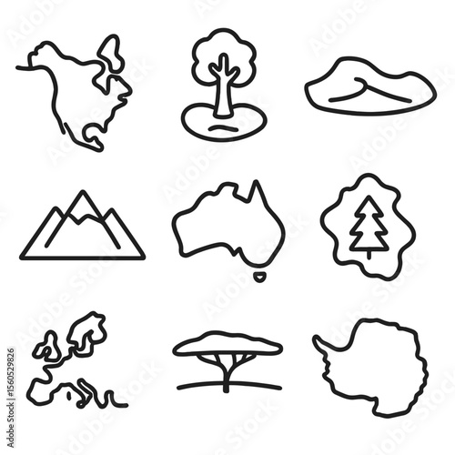 Continental Biome Icons. Outline icon set of continental outlines and biomes: North America silhouette, Amazon rainforest patch,