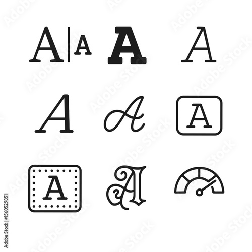 Font Icon Grid. Outline icon set of font pairing and contrast: serif vs sans sample, bold weight icon, light weight icon, italic